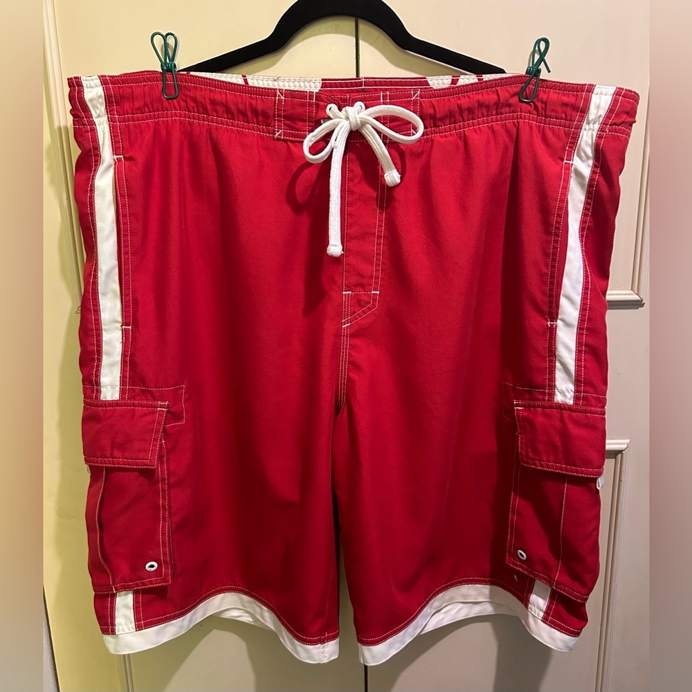 Tony Hawk Mens Swim Trunks, Pocket, Mesh Lining, Red & White Size L